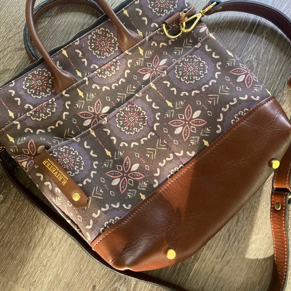 R.Riveter Otto tote brown boho pattern canvas brown leather handmade crossbody